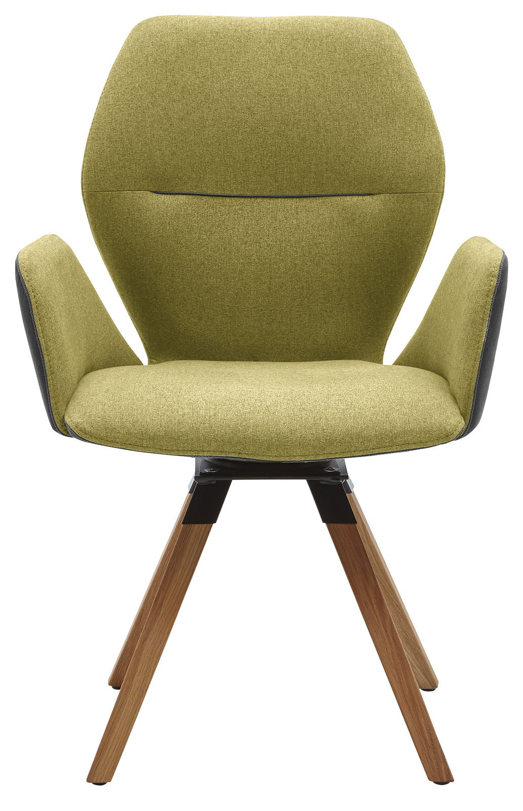 Moderner Armlehnenstuhl mit olivgrünem Stoffbezug und Holzbeinen, Frontalansicht
