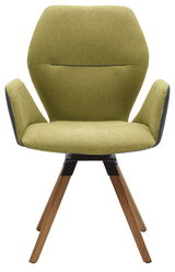 Moderner Armlehnenstuhl mit olivgrünem Stoffbezug und Holzbeinen, Frontalansicht
