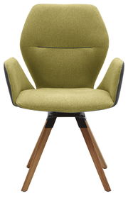 Moderner Armlehnenstuhl mit olivgrünem Stoffbezug und Holzbeinen, Frontalansicht