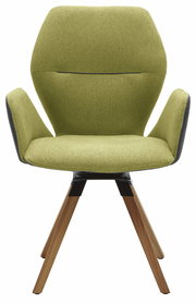 Moderner Armlehnenstuhl mit olivgrünem Stoffbezug und Holzbeinen, Frontalansicht