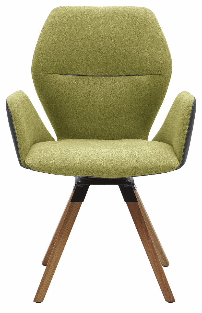 Moderner Armlehnenstuhl mit olivgrünem Stoffbezug und Holzbeinen, Frontalansicht