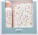 Lunchset Campus Flowers von Mepal, bestehend aus einer Trinkflasche und einer Brotdose mit floralem Muster, Vorderansicht.