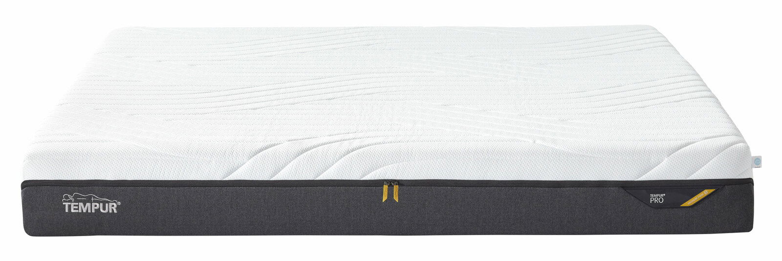 Tempur TFK-Matratze PRO COOLQUILT Seitliche Ansicht einer TEMPUR Matratze mit weißem Bezug und grauem Rand, Modell Pro Medium Firm.