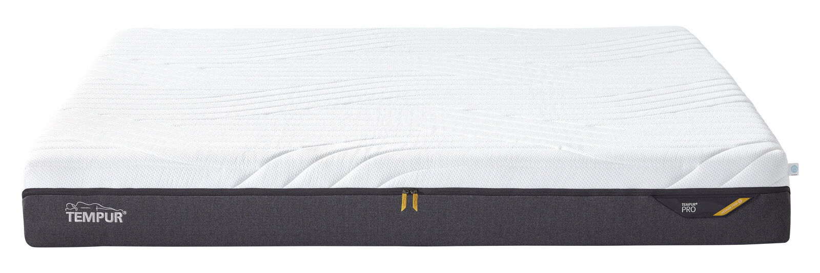 Seitliche Ansicht einer TEMPUR Matratze mit weißem Bezug und grauem Rand, Modell Pro Medium Firm.