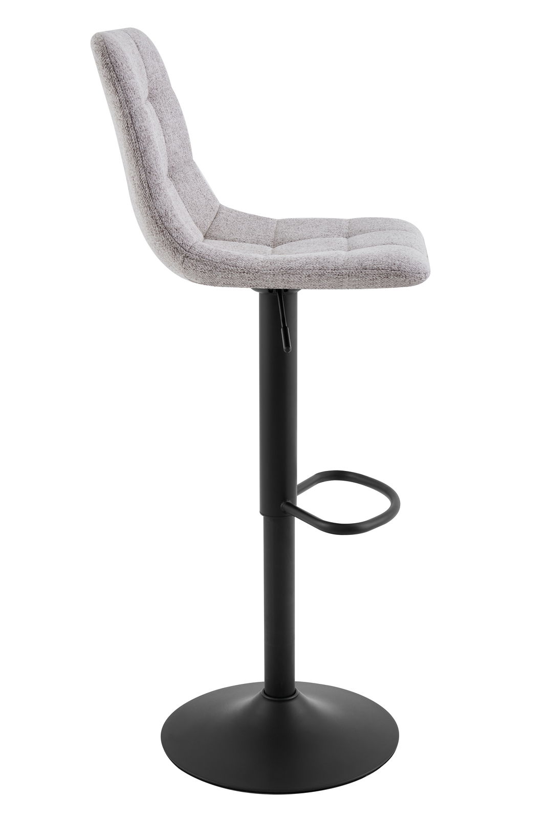 Seitenansicht eines modernen Barhockers mit grauem, gepolstertem Sitz und schwarzem Metallgestell.