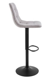 Seitenansicht eines modernen Barhockers mit grauem, gepolstertem Sitz und schwarzem Metallgestell.