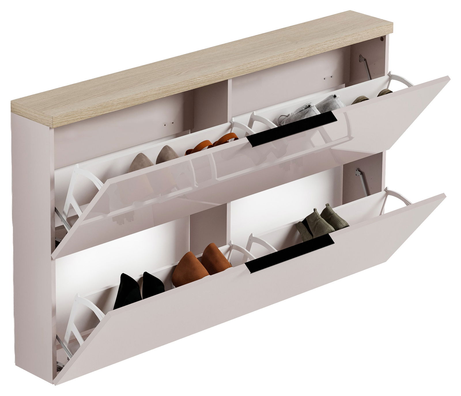 Hängeschuhschrank mit zwei ausklappbaren Fächern, gefüllt mit verschiedenen Schuhen, aus seitlicher Perspektive
