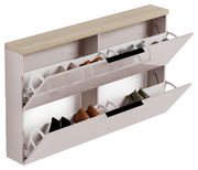 Hängeschuhschrank mit zwei ausklappbaren Fächern, gefüllt mit verschiedenen Schuhen, aus seitlicher Perspektive