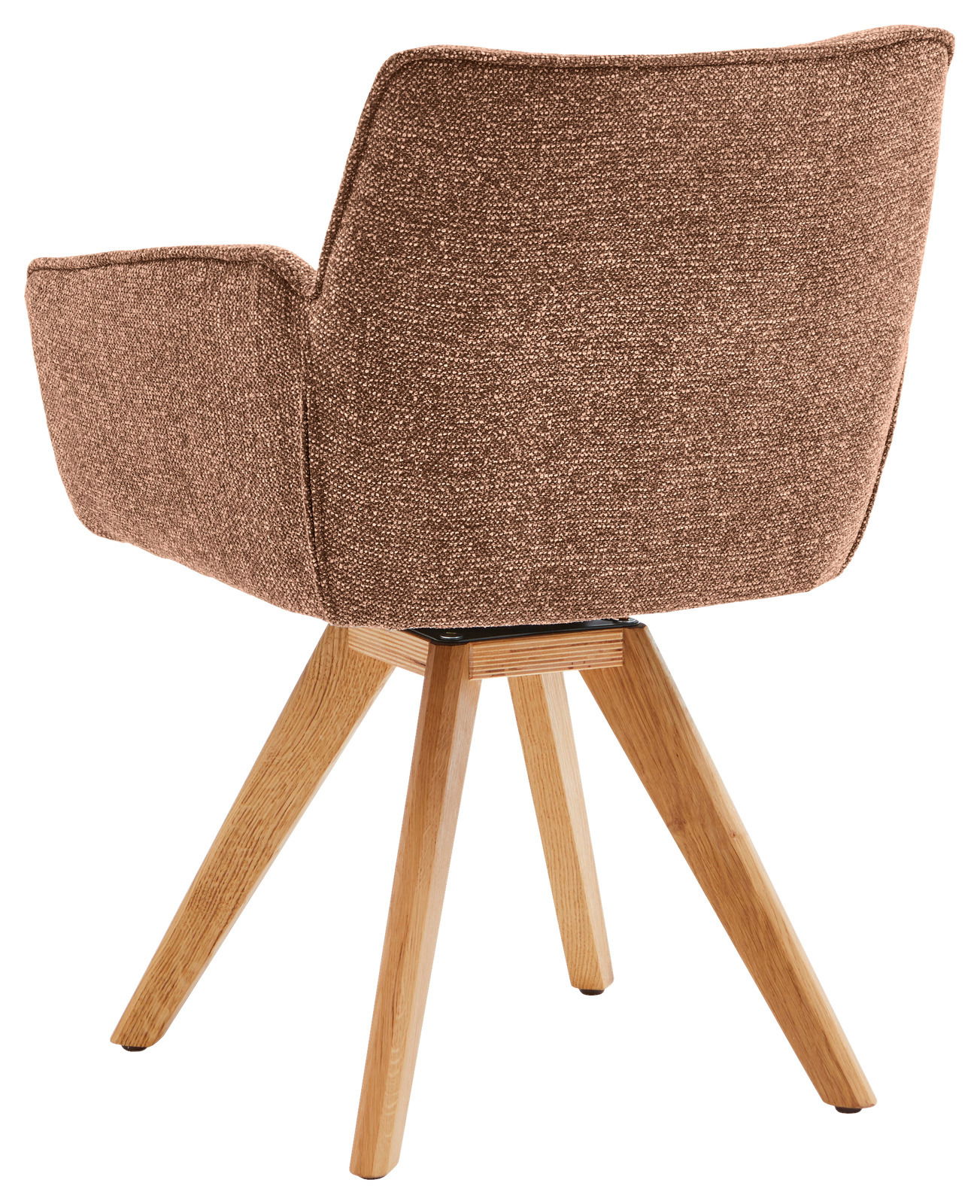 Rückansicht eines braunen Armlehnstuhls mit Holzbeinen, Perspektive von hinten.