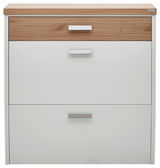 Moderner Hängeschuhschrank mit zwei weißen Schubladen und einer Holzoptik-Schublade, Frontalansicht