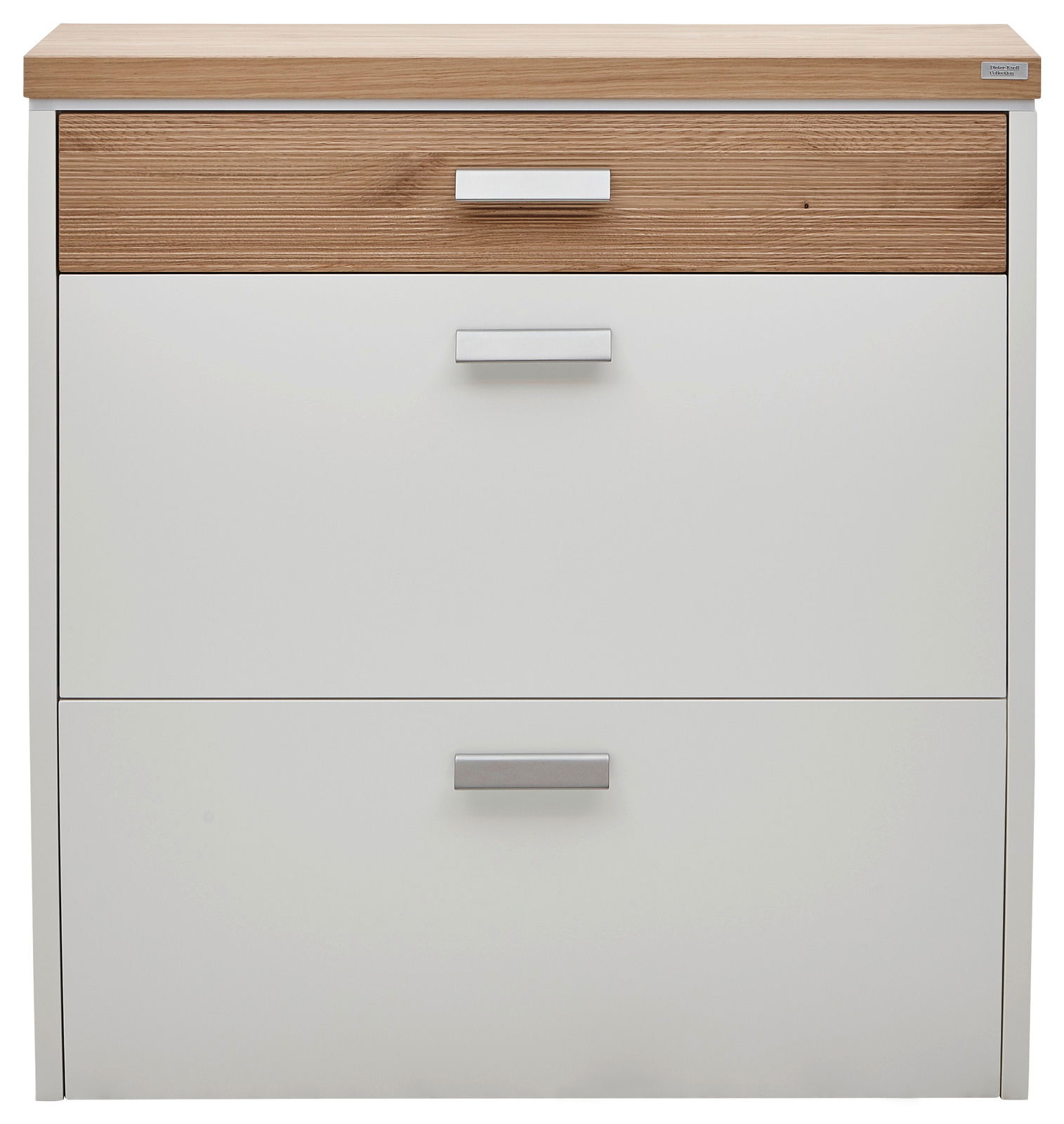 Moderner Hängeschuhschrank mit zwei weißen Schubladen und einer Holzoptik-Schublade, Frontalansicht