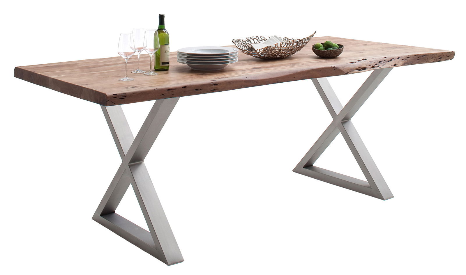 Moderner Esstisch mit Holzplatte und X-förmigen Metallbeinen, seitliche Perspektive