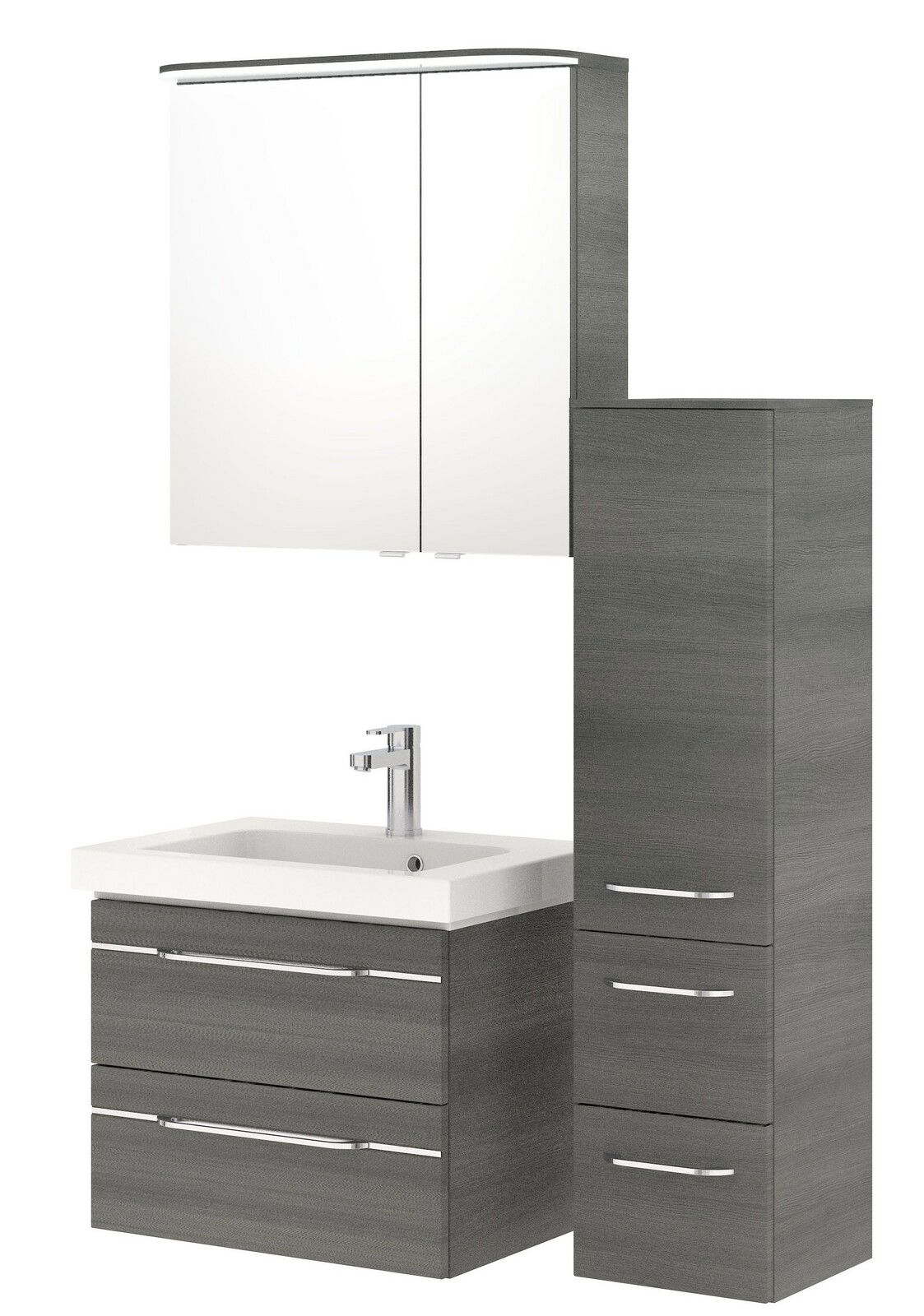 Pelipal Badblok BALTO SPRINT Moderner Badblock mit Waschbecken, Spiegelschrank und Hochschrank in grauer Holzoptik, Frontalansicht