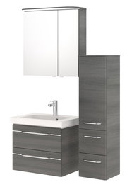 Moderner Badblock mit Waschbecken, Spiegelschrank und Hochschrank in grauer Holzoptik, Frontalansicht