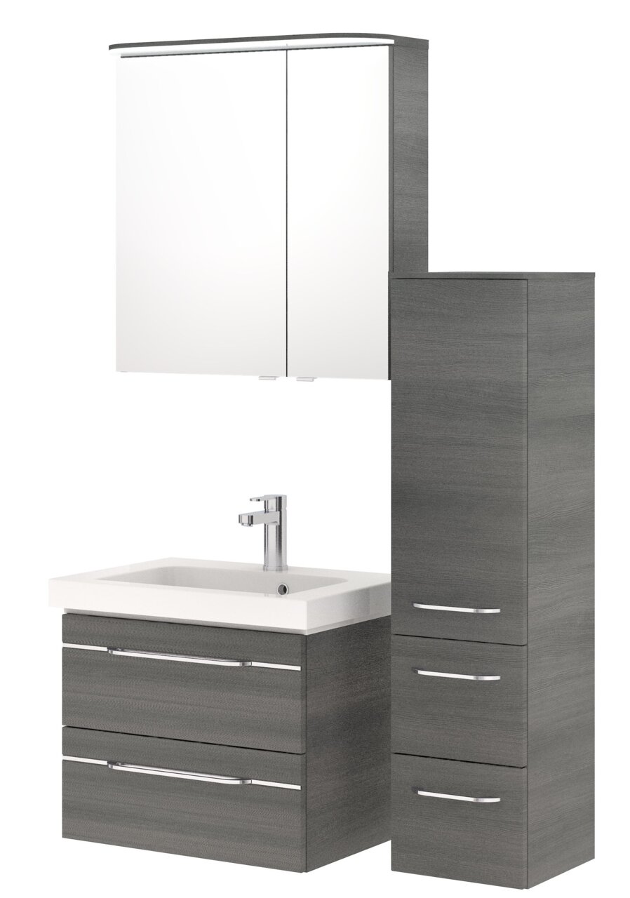 Moderner Badblock mit Waschbecken, Spiegelschrank und Hochschrank in grauer Holzoptik, Frontalansicht