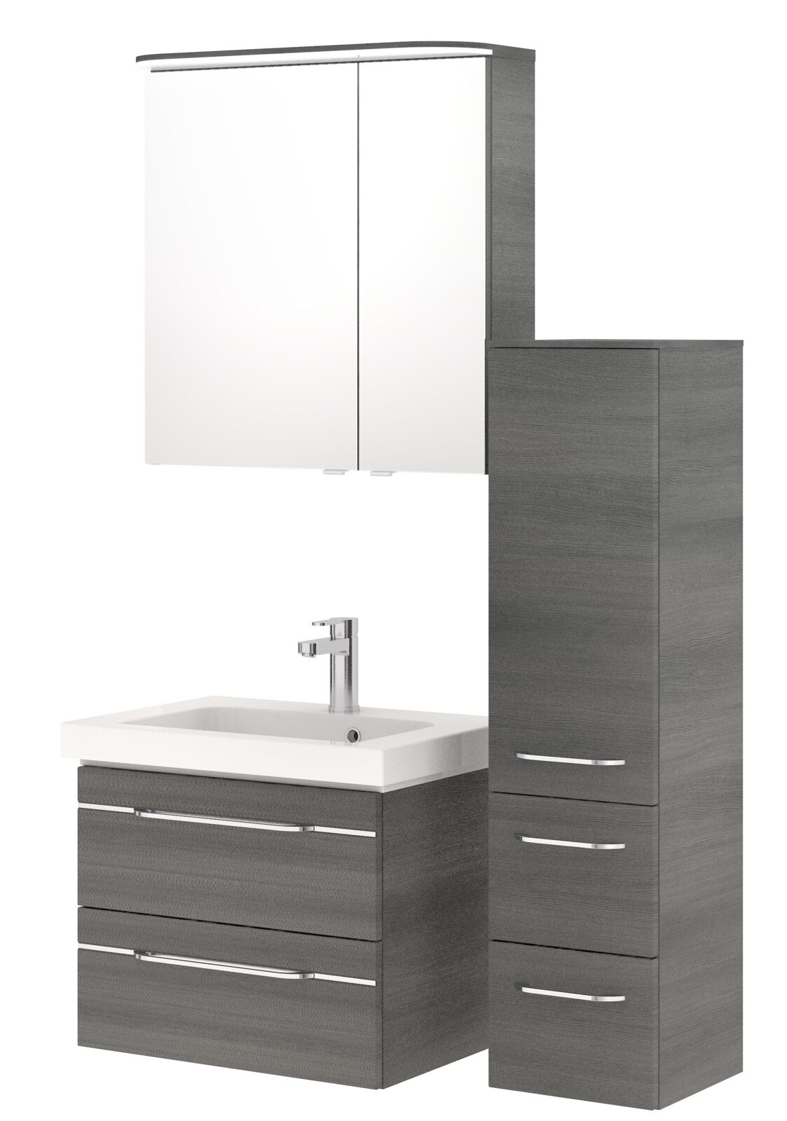 Moderner Badblock mit Waschbecken, Spiegelschrank und Hochschrank in grauer Holzoptik, Frontalansicht