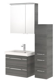 Moderner Badblock mit Waschbecken, Spiegelschrank und Hochschrank in grauer Holzoptik, Frontalansicht