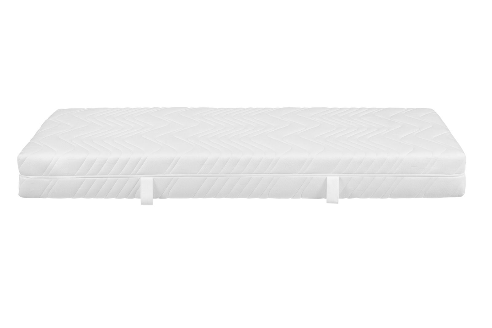 Taschenfederkernmatratze H3 in Seitenansicht mit weißem Bezug und gestepptem Muster