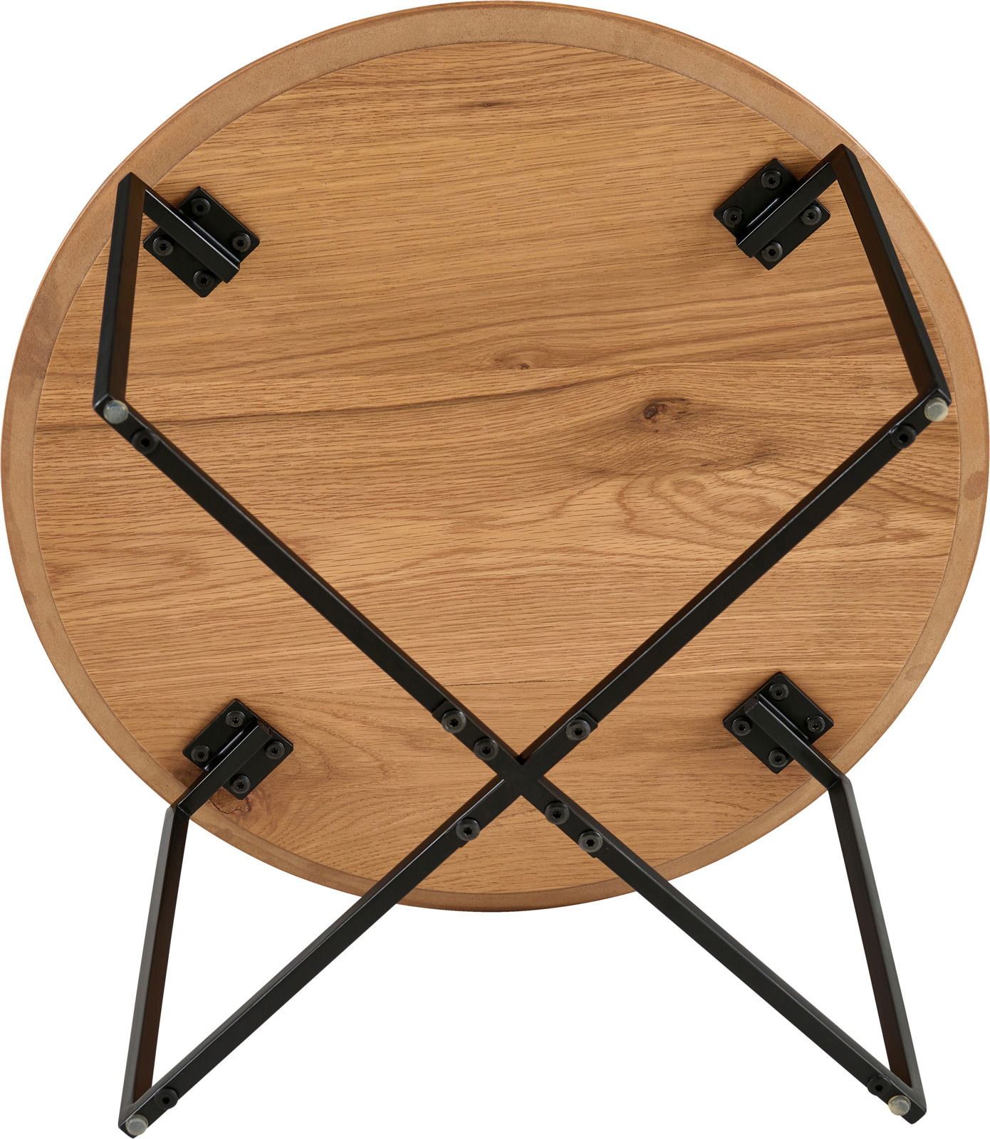 Unteransicht eines runden Couchtisches mit Holzplatte und schwarzem Metallgestell.