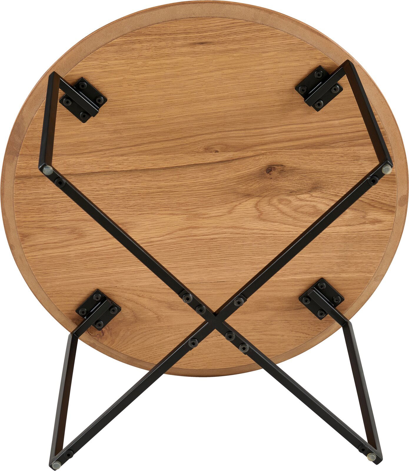 Unteransicht eines runden Couchtisches mit Holzplatte und schwarzem Metallgestell.
