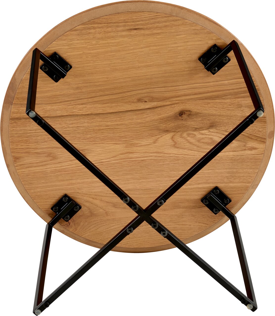 Unteransicht eines runden Couchtisches mit Holzplatte und schwarzem Metallgestell.