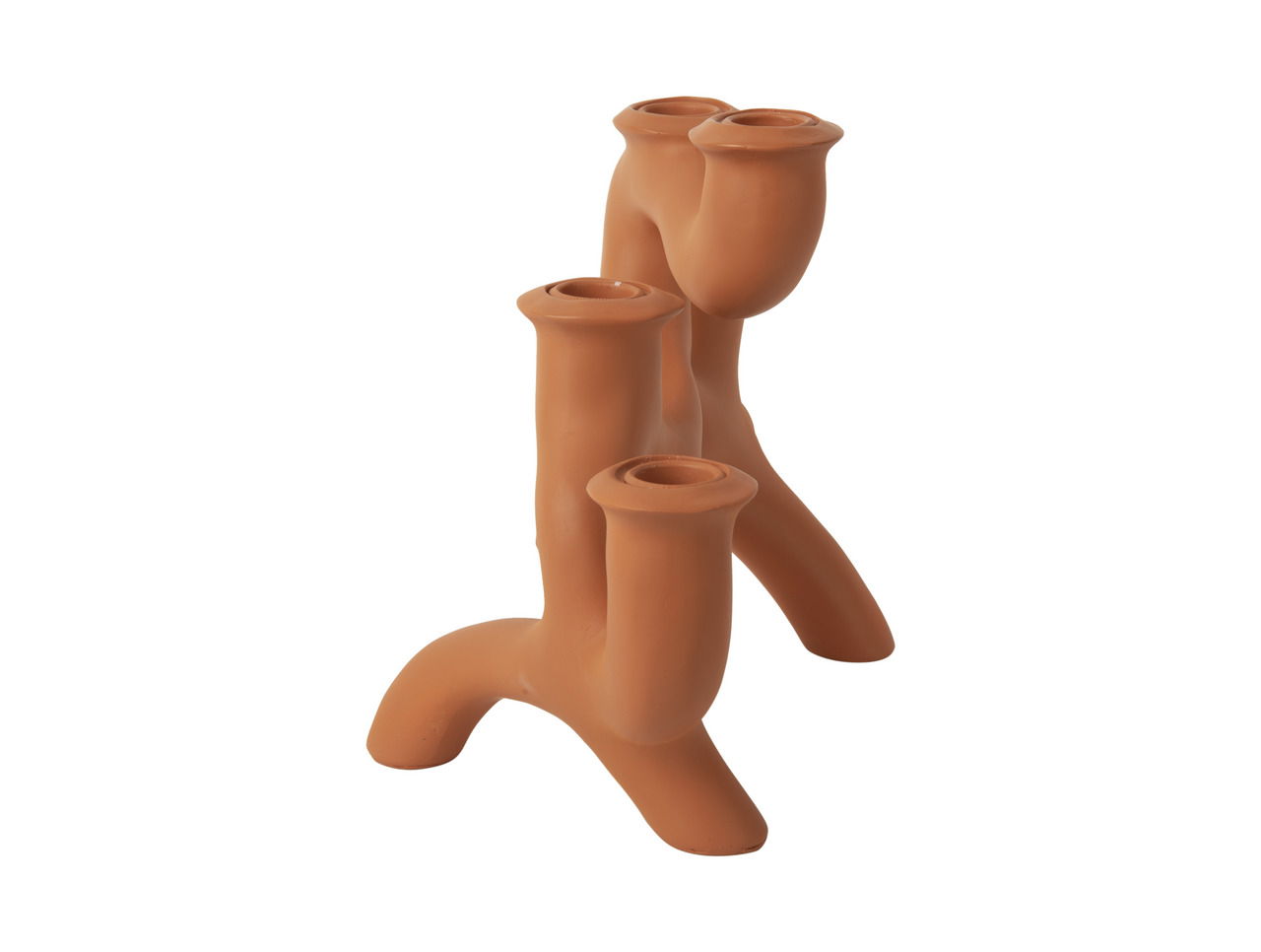 Moderner Kerzenhalter in Terrakotta-Farbe mit geschwungenem Design, seitliche Perspektive