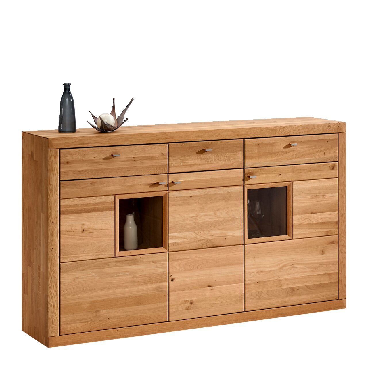 Hochwertiges Highboard aus Holz mit mehreren Schubladen und Glaseinsätzen, frontal betrachtet.