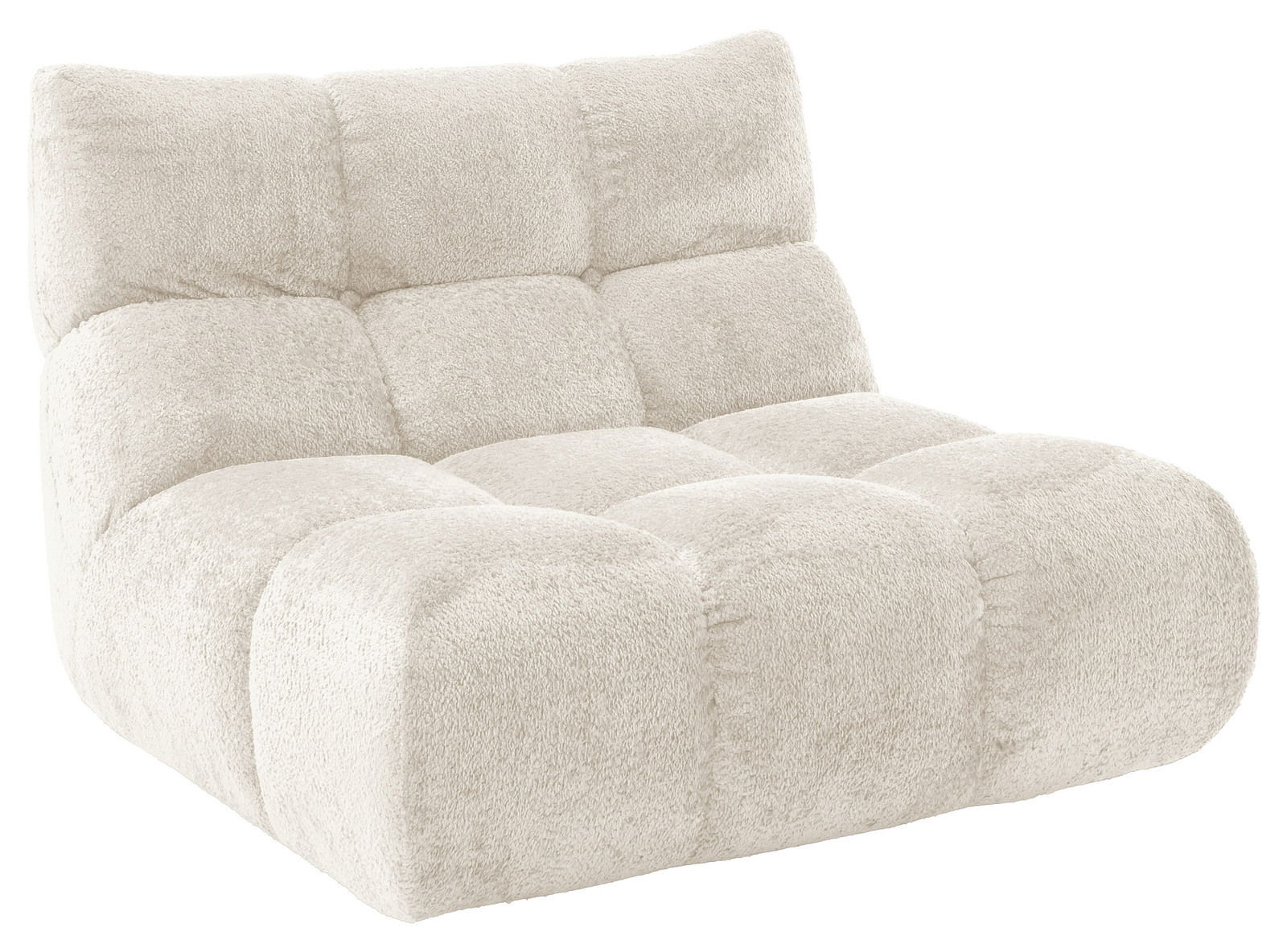 Beiges, modernes 1,5er Sofa ohne Armlehnen mit weichem, gepolstertem Design, seitliche Perspektive