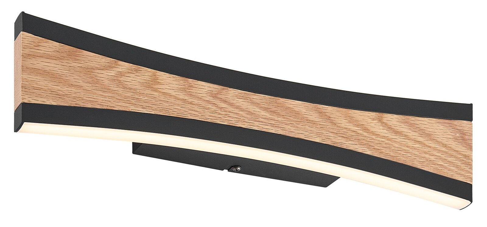 Novel LED-Wandleuchte Geschwungene LED-Wandleuchte in Schwarz mit Holzoptik und warmweißem Licht, schräg von vorne (3/4-Perspektive) auf weißem Hintergrund
