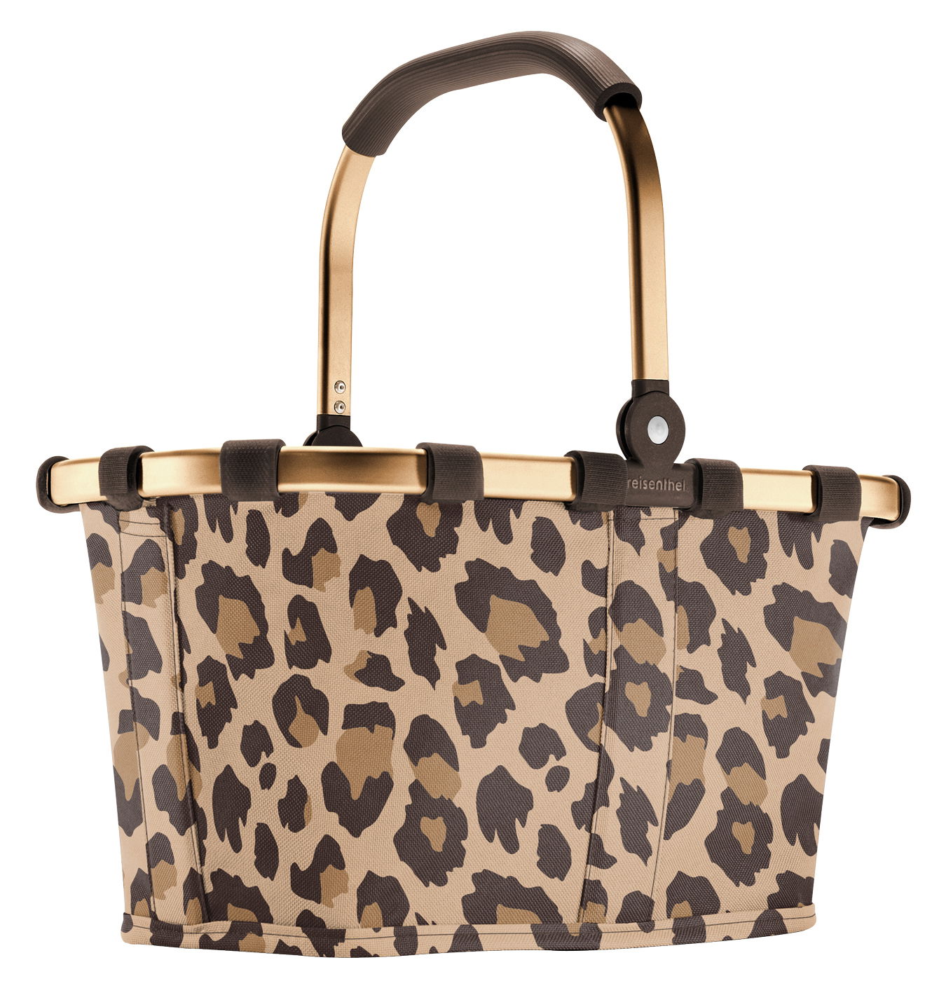 Reisenthel Carrybag XS Frame Leo Macchiato Leopardenmuster Einkaufskorb mit goldfarbenem Rahmen, seitliche Perspektive