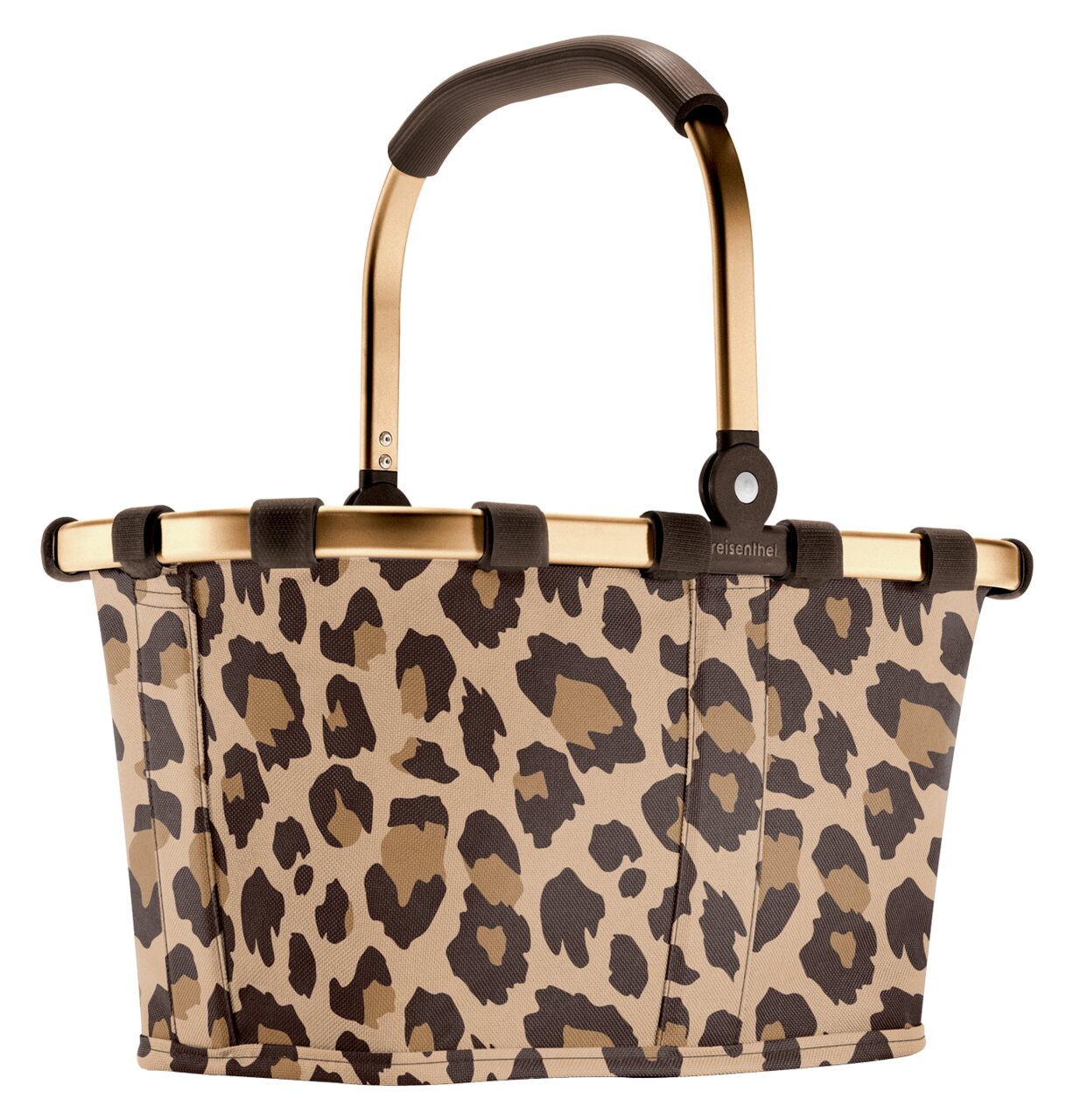 Reisenthel Carrybag XS Frame Leo Macchiato Leopardenmuster Einkaufskorb mit goldfarbenem Rahmen, seitliche Perspektive