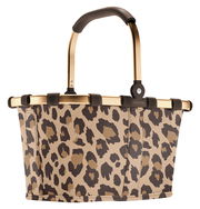 Leopardenmuster Einkaufskorb mit goldfarbenem Rahmen, seitliche Perspektive