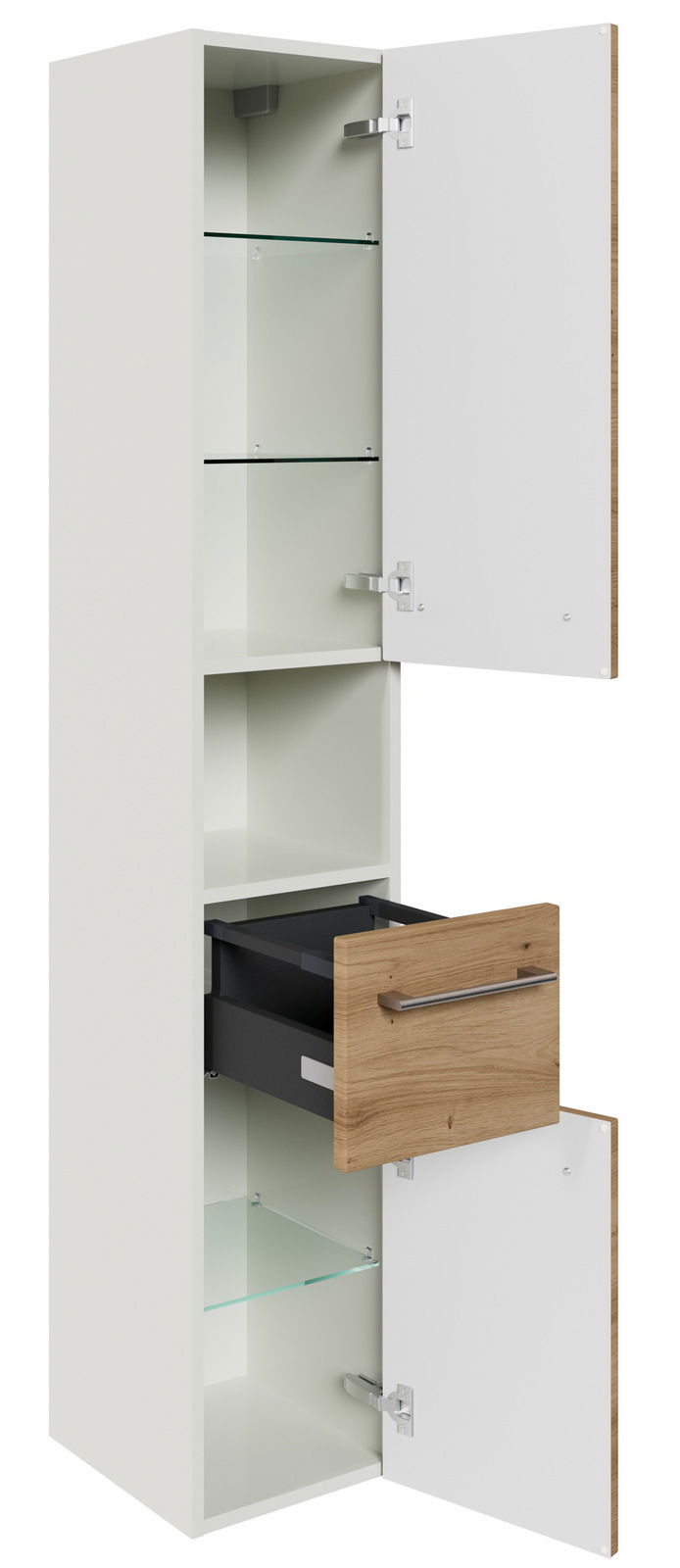 Hochschrank mit zwei weißen Türen, einem offenen Schubfach in Holzoptik und Glasböden, frontal betrachtet.