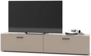 Moderne Wohnwand in Beige mit flachem Design, darauf ein großer Fernseher und Zeitschriften, frontale Perspektive