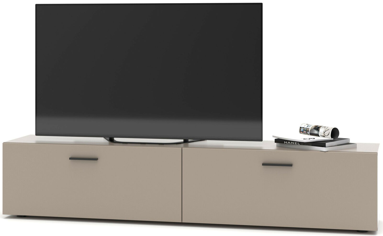 Moderne Wohnwand in Beige mit flachem Design, darauf ein großer Fernseher und Zeitschriften, frontale Perspektive