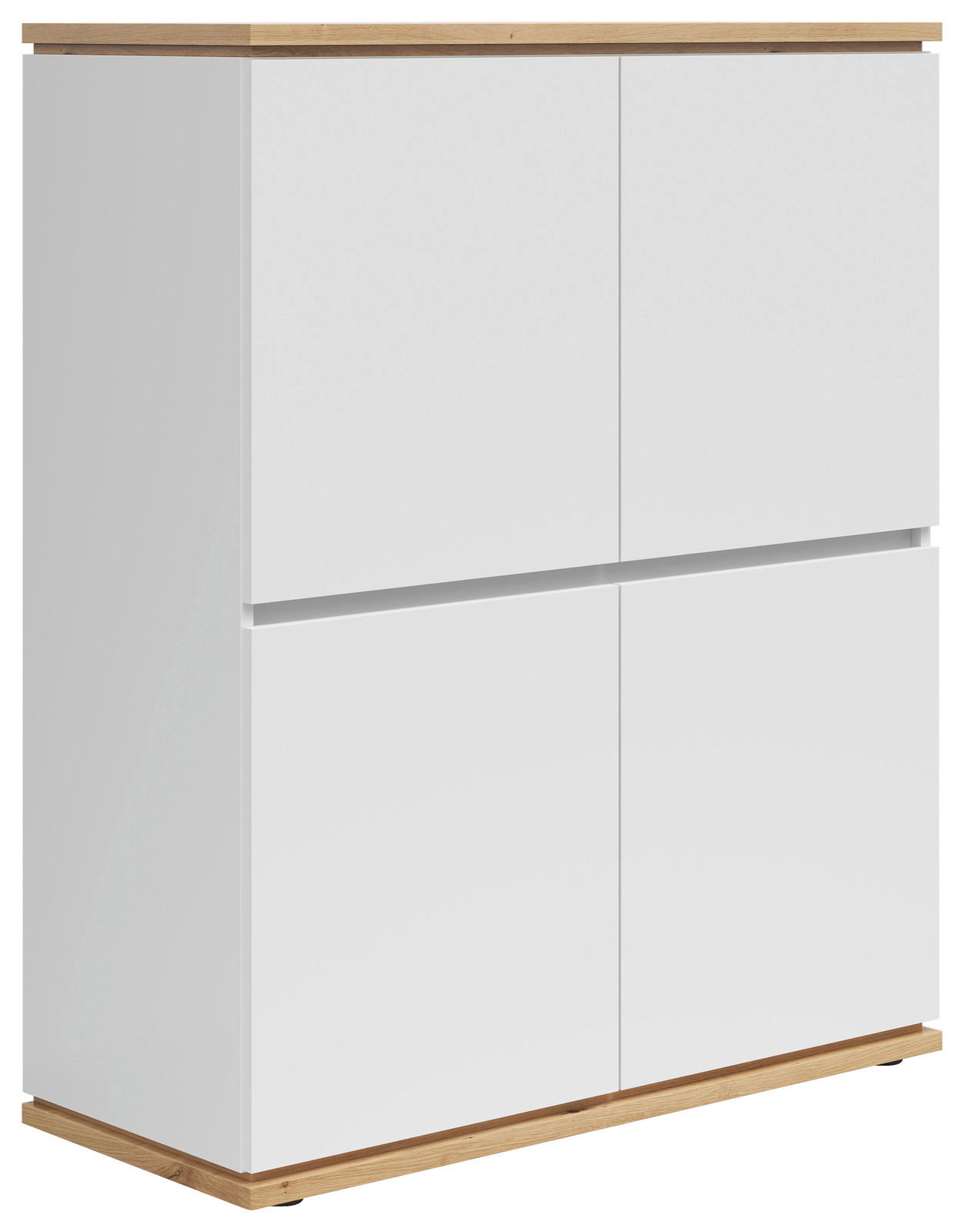 Weißes Highboard mit Holzdetails, seitliche Perspektive