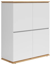 Weißes Highboard mit Holzdetails, seitliche Perspektive
