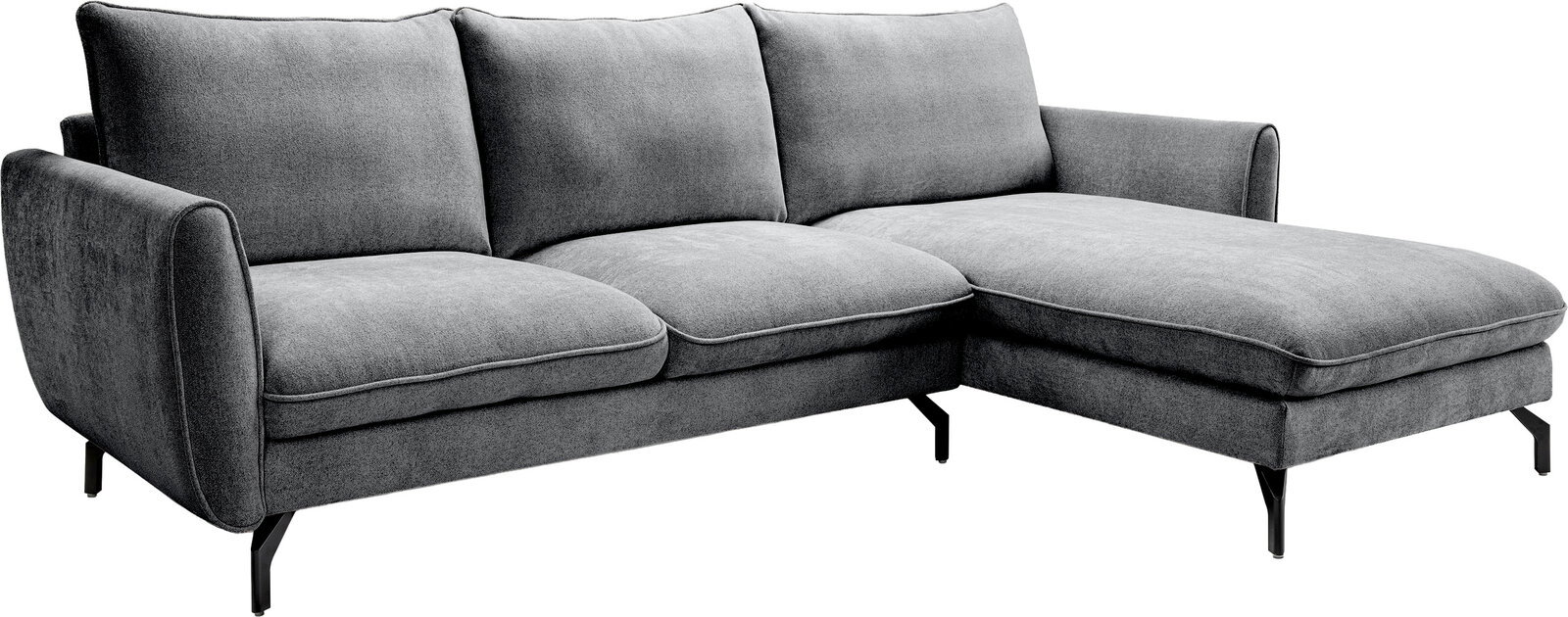 MID.YOU Ecksofa TORONTO Graues L-förmiges Ecksofa mit Recamiere rechts, drei Rückenkissen, breiten Armlehnen und schwarzen Metallfüßen, in schräger Frontansicht von links auf weißem Hintergrund.