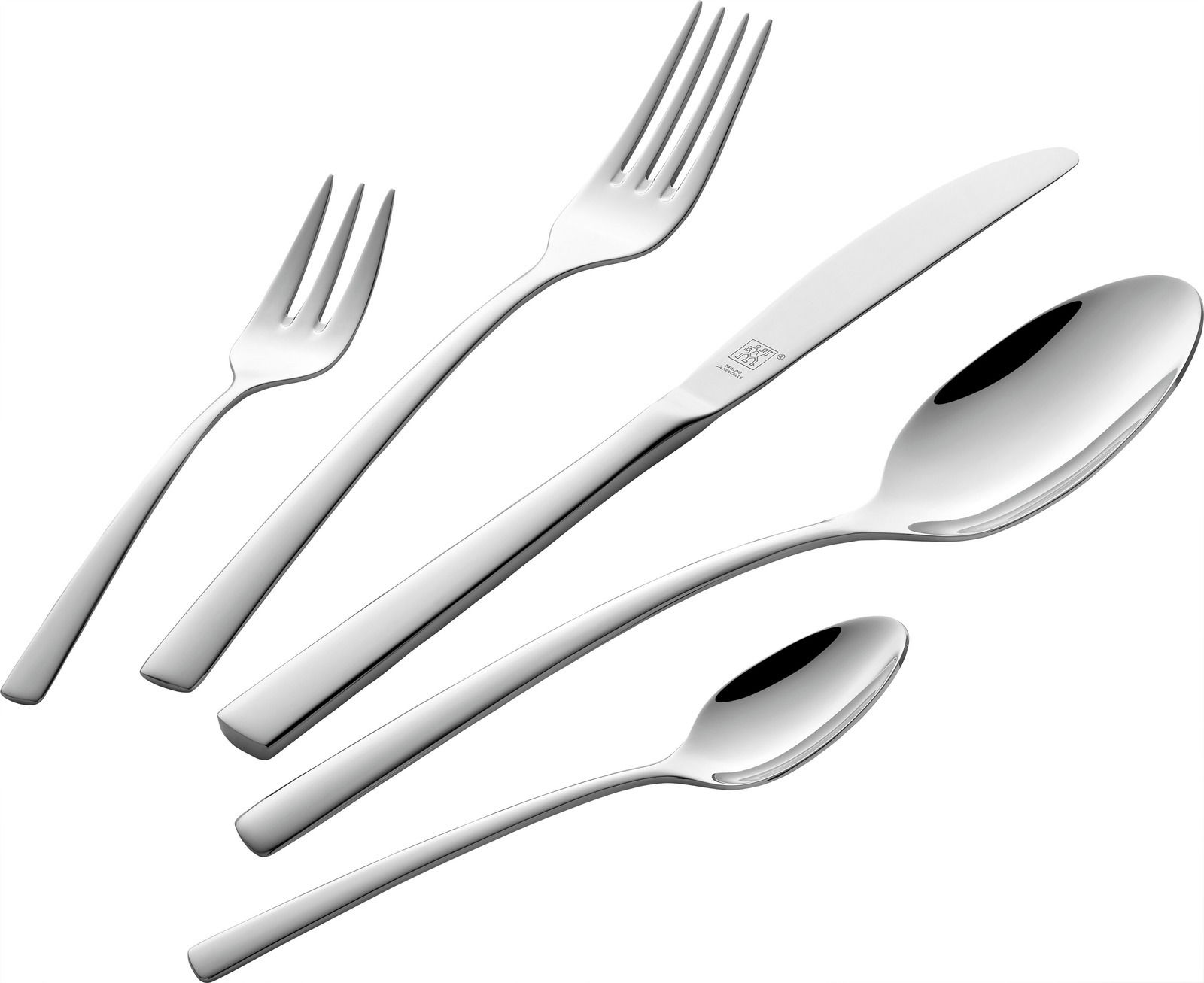 Elegantes poliertes Besteckset Loft, bestehend aus Gabel, Messer, Löffel, Dessertgabel und Teelöffel, aus der Vogelperspektive.