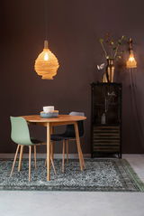 Runder Esstisch aus Holz mit zwei modernen Stühlen, einer in Grün und einer in Schwarz, auf einem gemusterten Teppich. Im Hintergrund eine stilvolle Hängelampe und eine dekorative Vitrine. Perspektive: Frontalansicht.