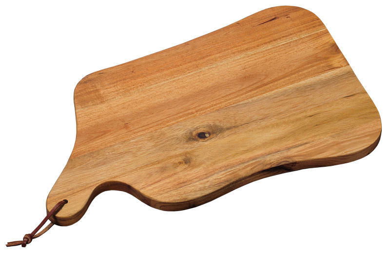 Holz-Schneidbrett mit natürlicher Maserung und abgerundeten Ecken, seitliche Perspektive
