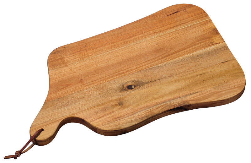 Holz-Schneidbrett mit natürlicher Maserung und abgerundeten Ecken, seitliche Perspektive