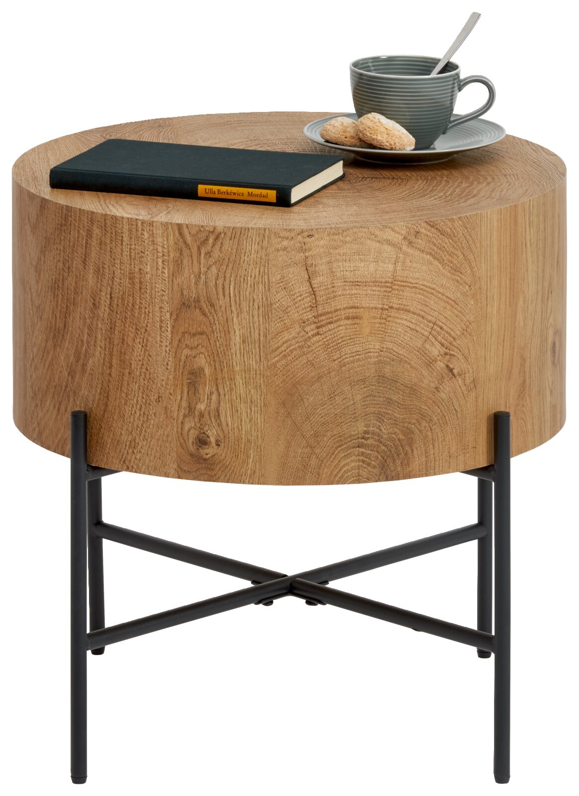 XORA Beistelltisch NOVO Runder Beistelltisch aus Holz mit schwarzem Metallgestell, darauf ein Buch und eine Tasse mit Keksen, seitliche Perspektive