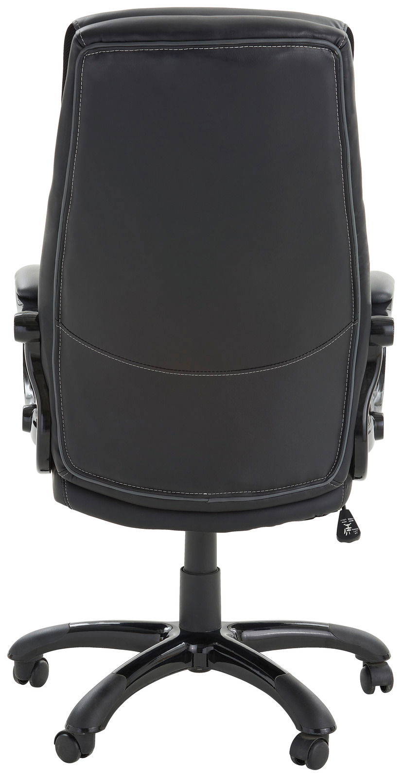 Rückansicht eines schwarzen Chefsessels mit Rollen und verstellbaren Armlehnen.