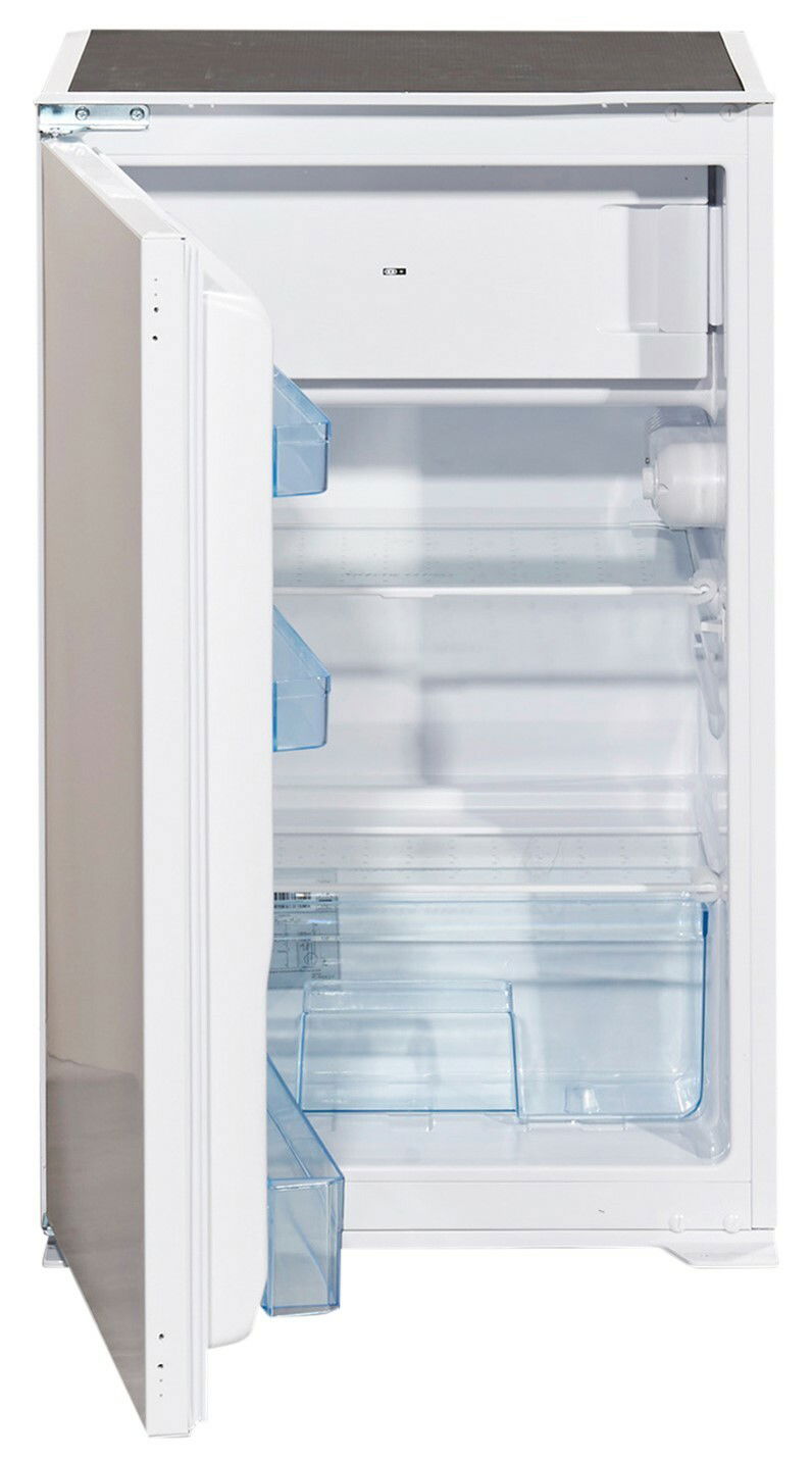 Kompakter Kühlschrank mit geöffneter Tür, Innenansicht von links