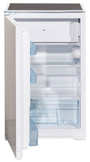 Kompakter Kühlschrank mit geöffneter Tür, Innenansicht von links