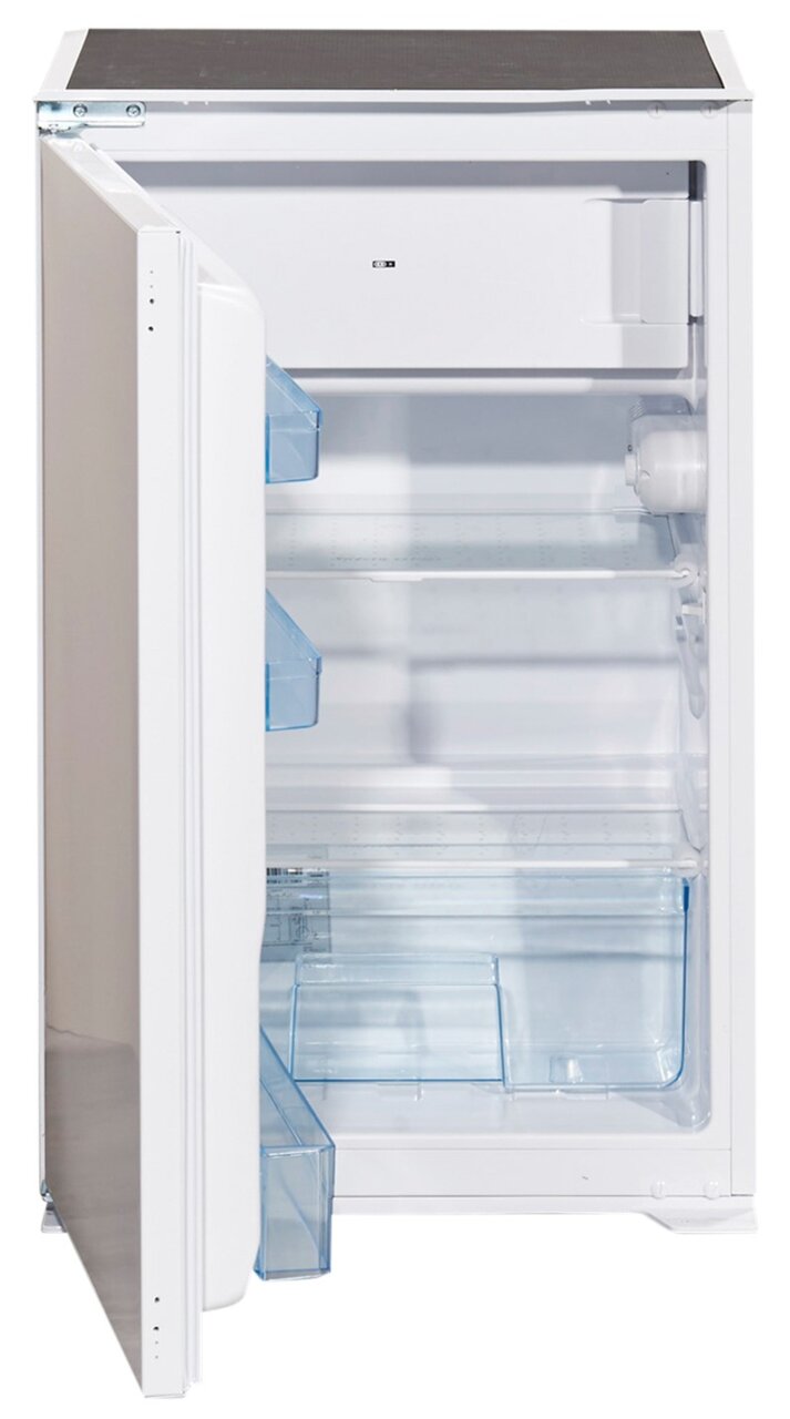 Kompakter Kühlschrank mit geöffneter Tür, Innenansicht von links