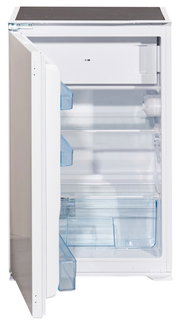 Kompakter Kühlschrank mit geöffneter Tür, Innenansicht von links