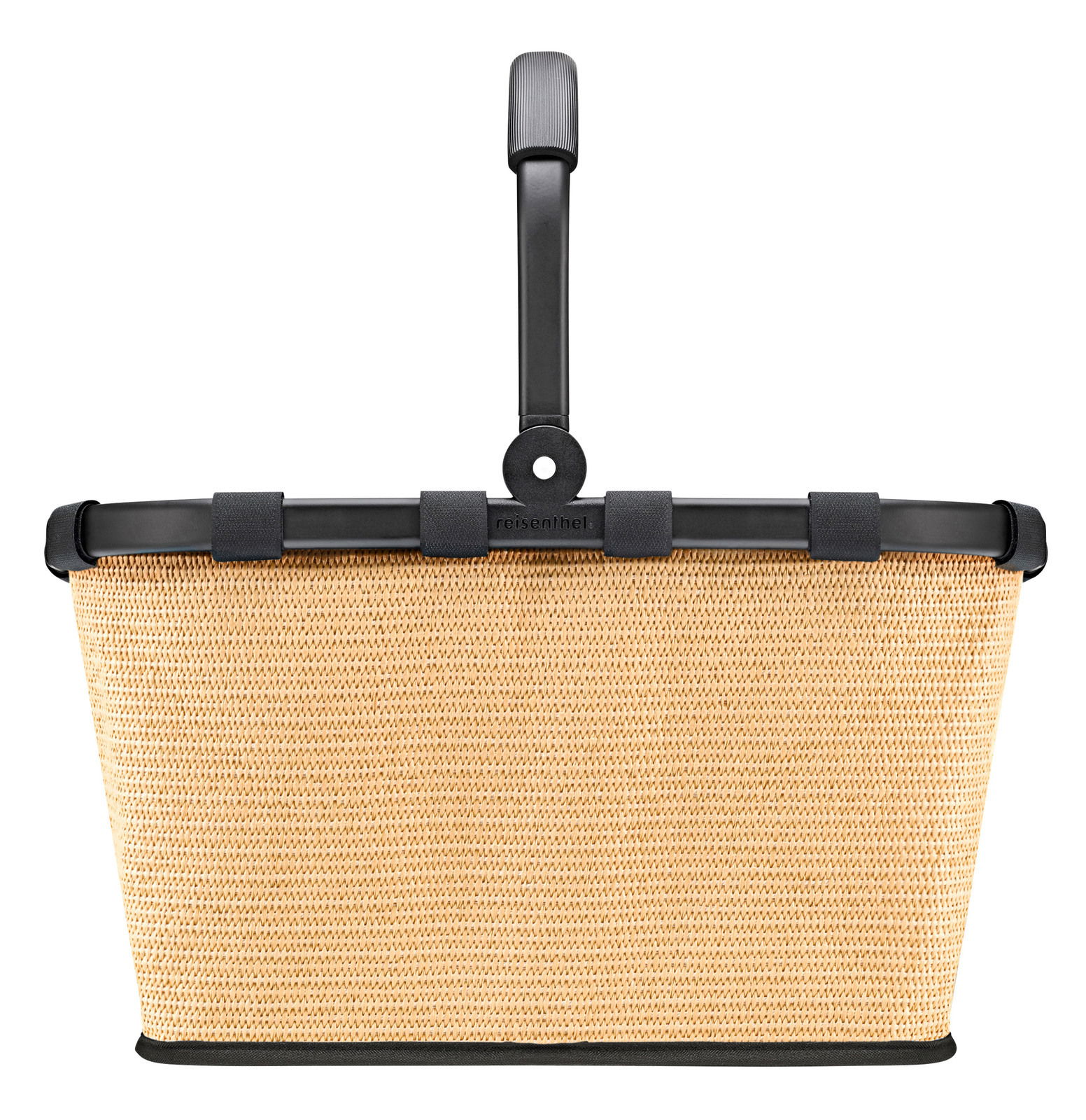 Frontansicht eines beige geflochtenen Einkaufskorbs mit schwarzem Griff und Rahmen.