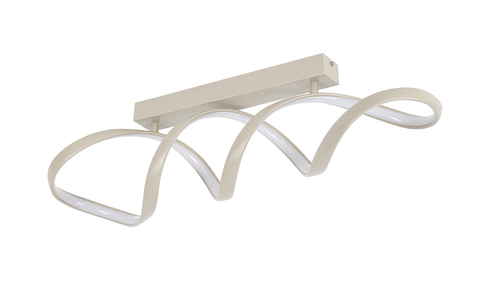 Moderne LED-Deckenleuchte mit geschwungenem Design, seitliche Perspektive